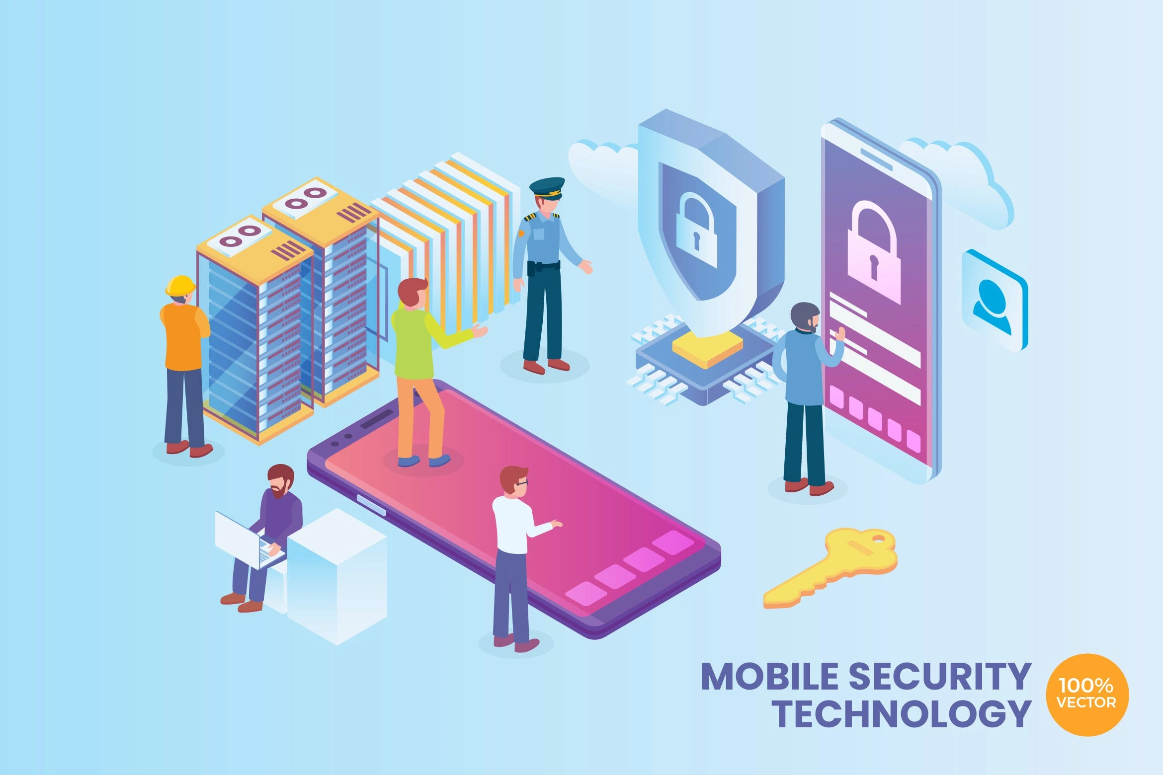 移动网络安全主题2.5D矢量等距概念插画 Isometric Mobile Network Security Vector Concept