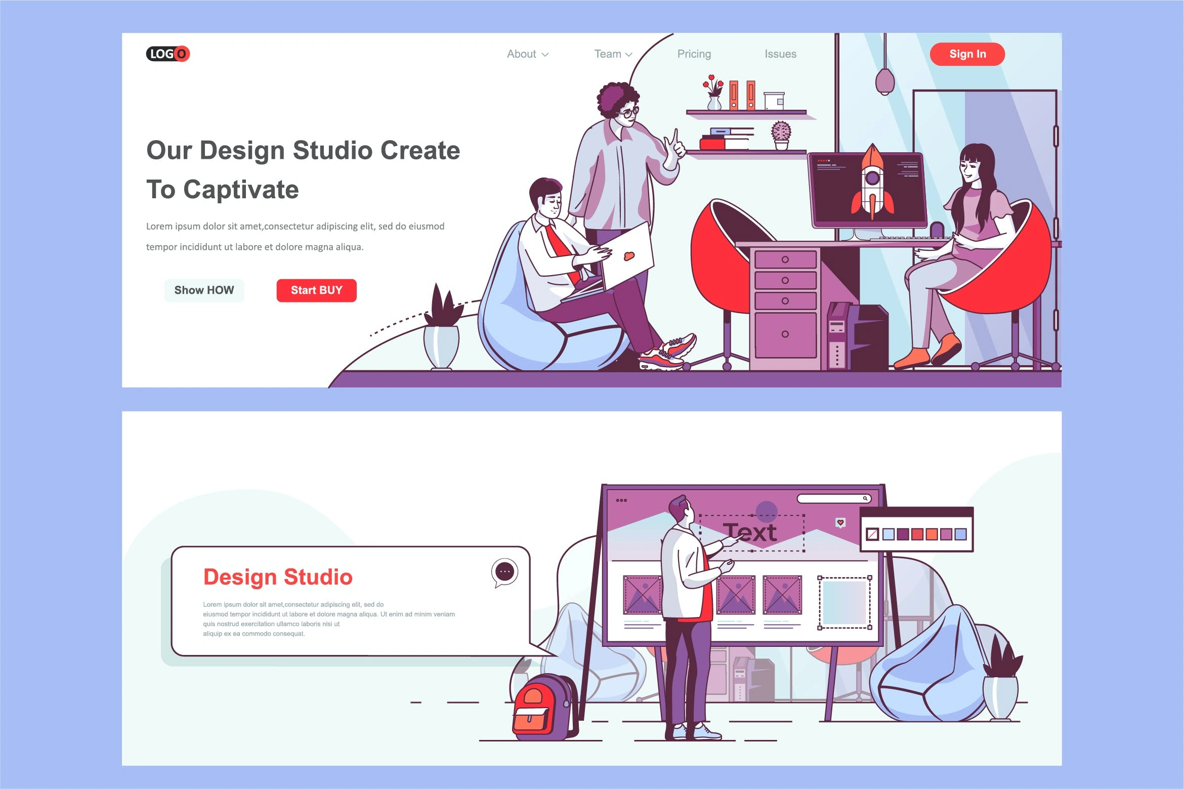 设计公司主题网页设计矢量插画素材 Design Studio Header Footer or Middle Content