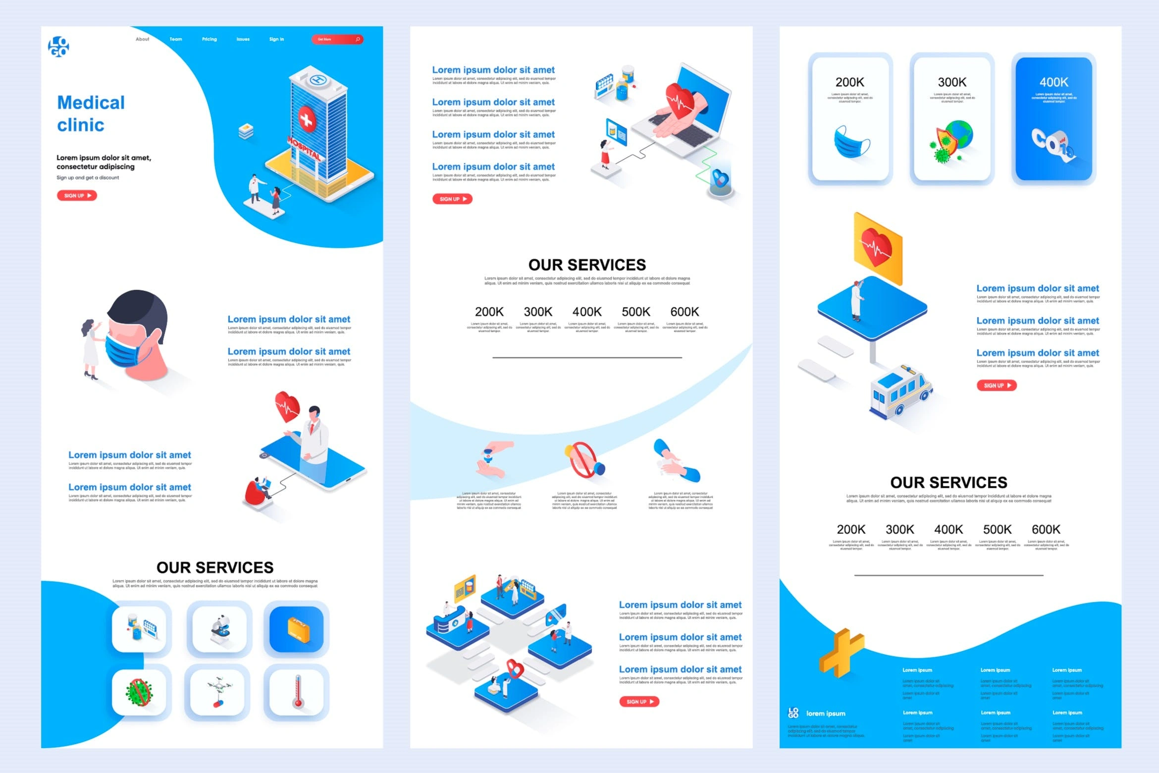 医疗诊所主题等距插画网站着陆页设计模板 Medical Clinic Isometric Landing Page Template