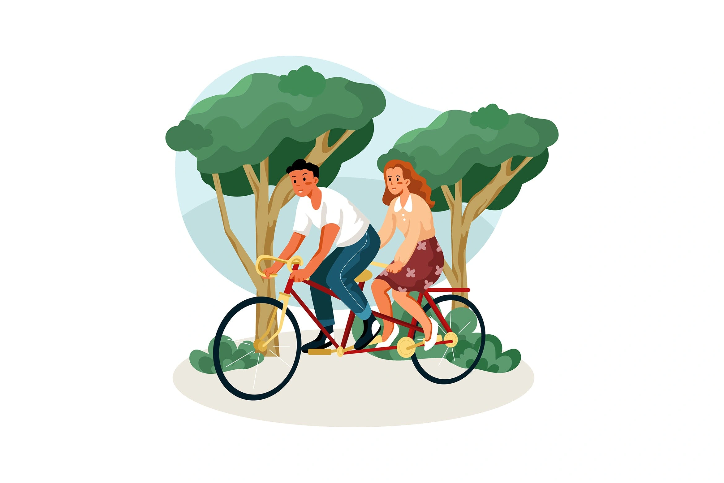 双人自行车情侣骑行场景插画矢量素材 Couple cycling on a double bike in the park