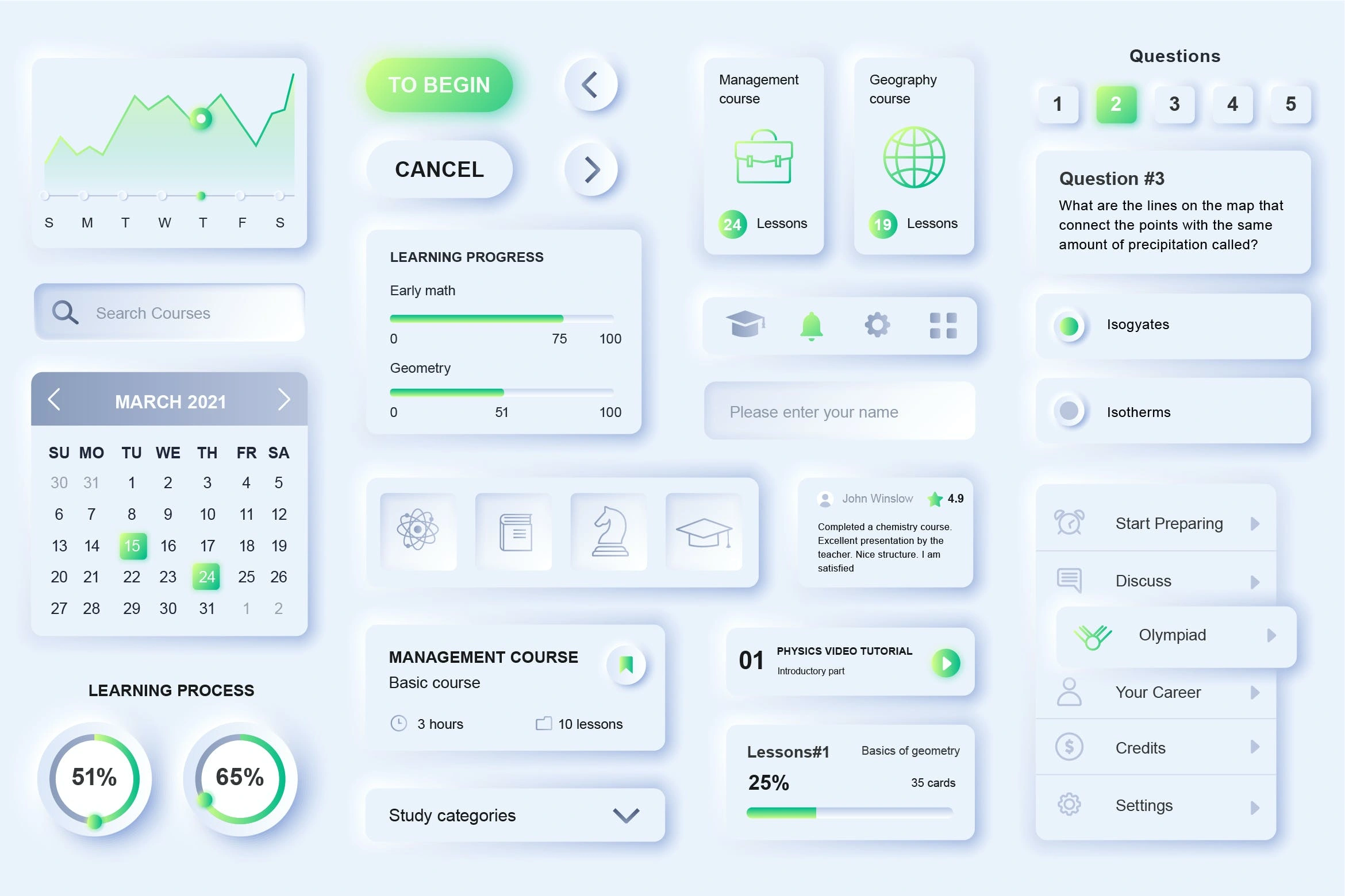 新拟物化风格在线学习App设计元素移动应用程序UI套件 Neumorphic E-Learning Elements Mobile App UI Kit