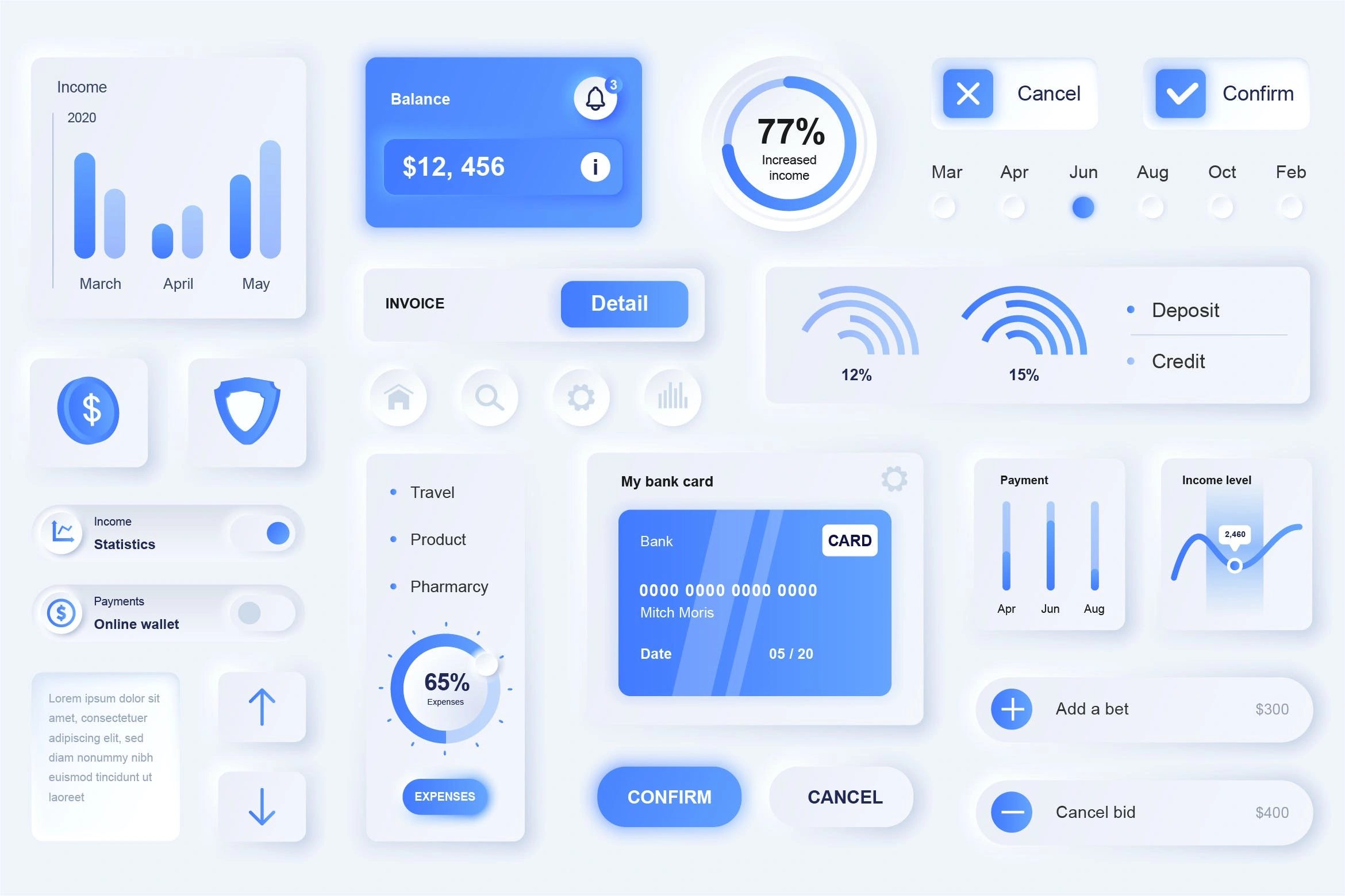 新拟物化风格金融钱包App设计元素移动应用程序UI套件 Neumorphic Finance Elements Mobile App UI Kit