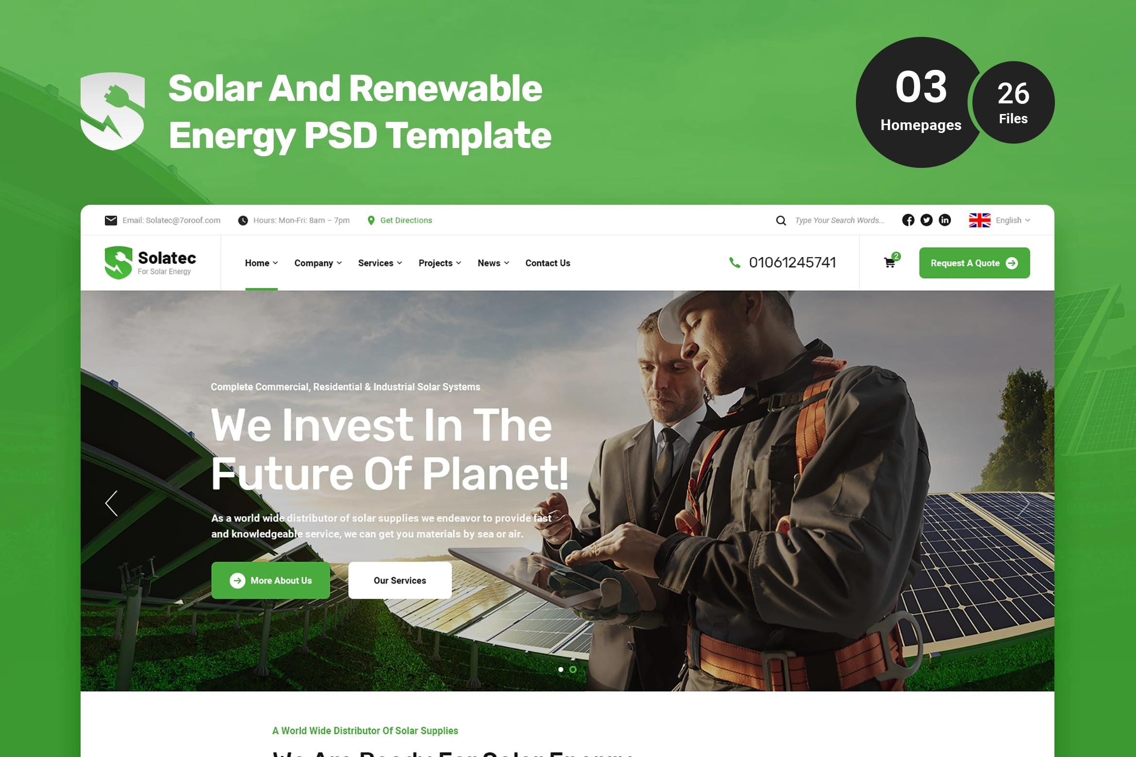太阳能和可再生能源网站设计PSD模板 Solatec – Solar And Renewable Energy PSD Template