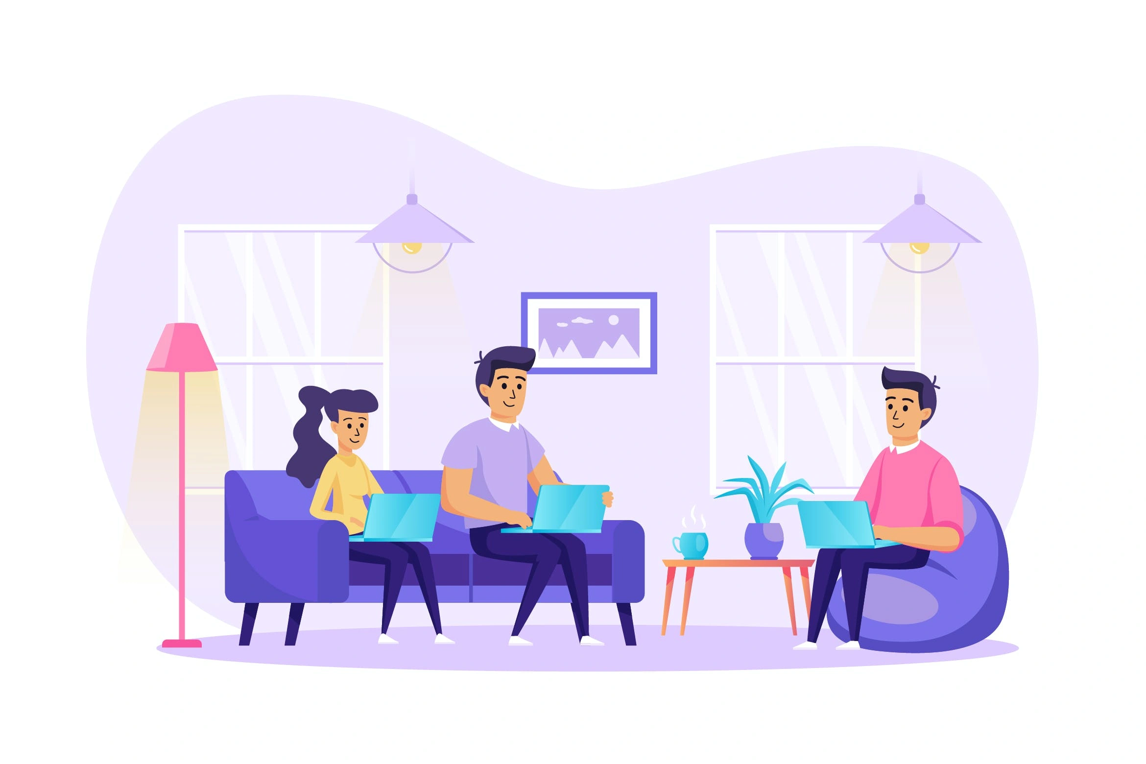 自由职业者办公场景UI插画矢量图素材 Freelance Work from Home Office Scene