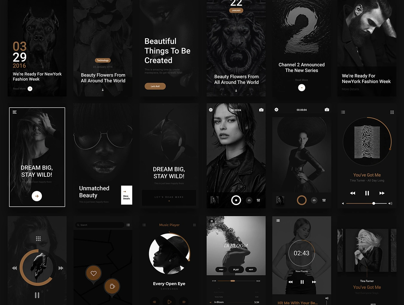 Gold & Coal iOS UI Kit欧美黑金时尚音乐APPUI设计元素组件规范图标素材库模版