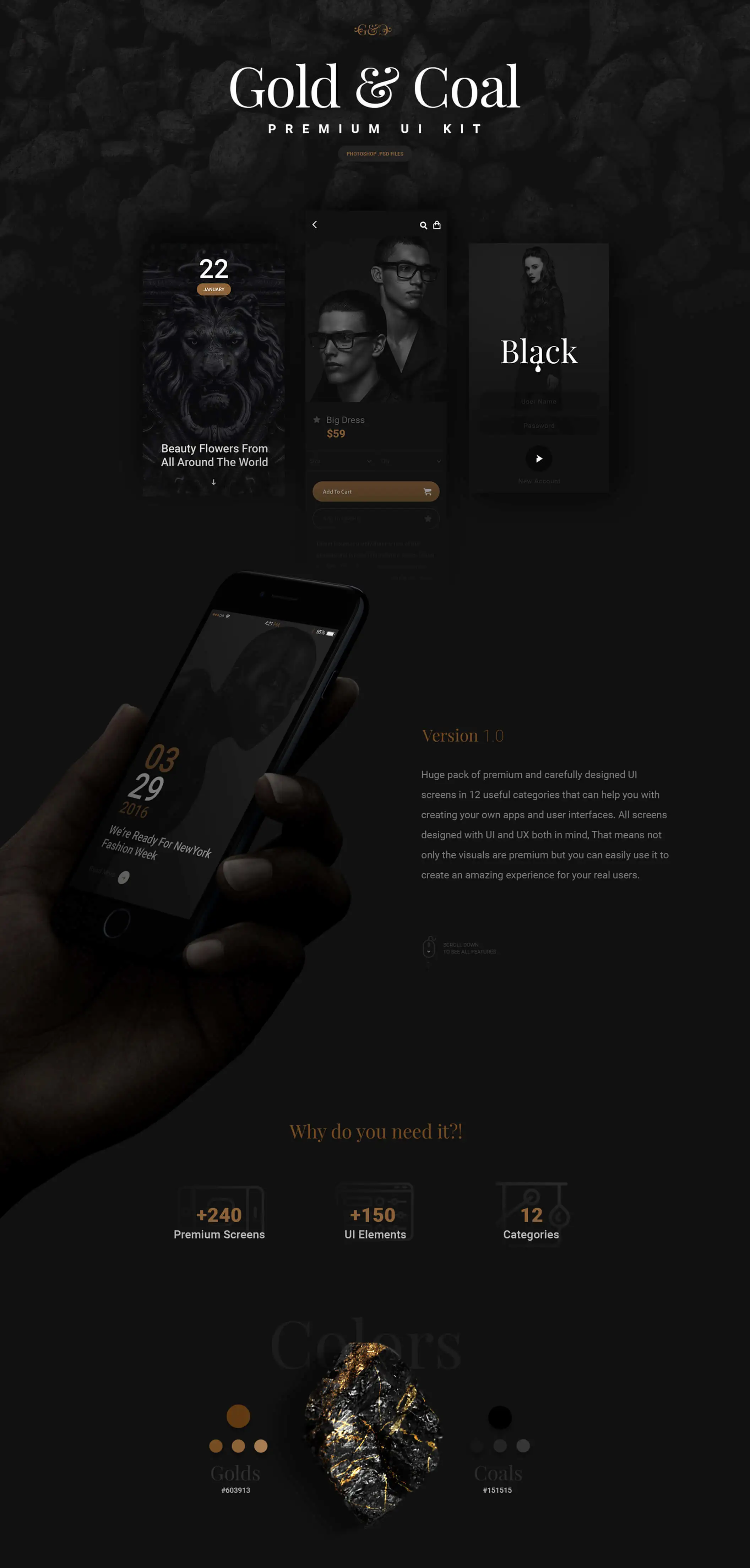 Gold & Coal iOS UI Kit欧美黑金时尚音乐APPUI设计元素组件规范图标素材库模版