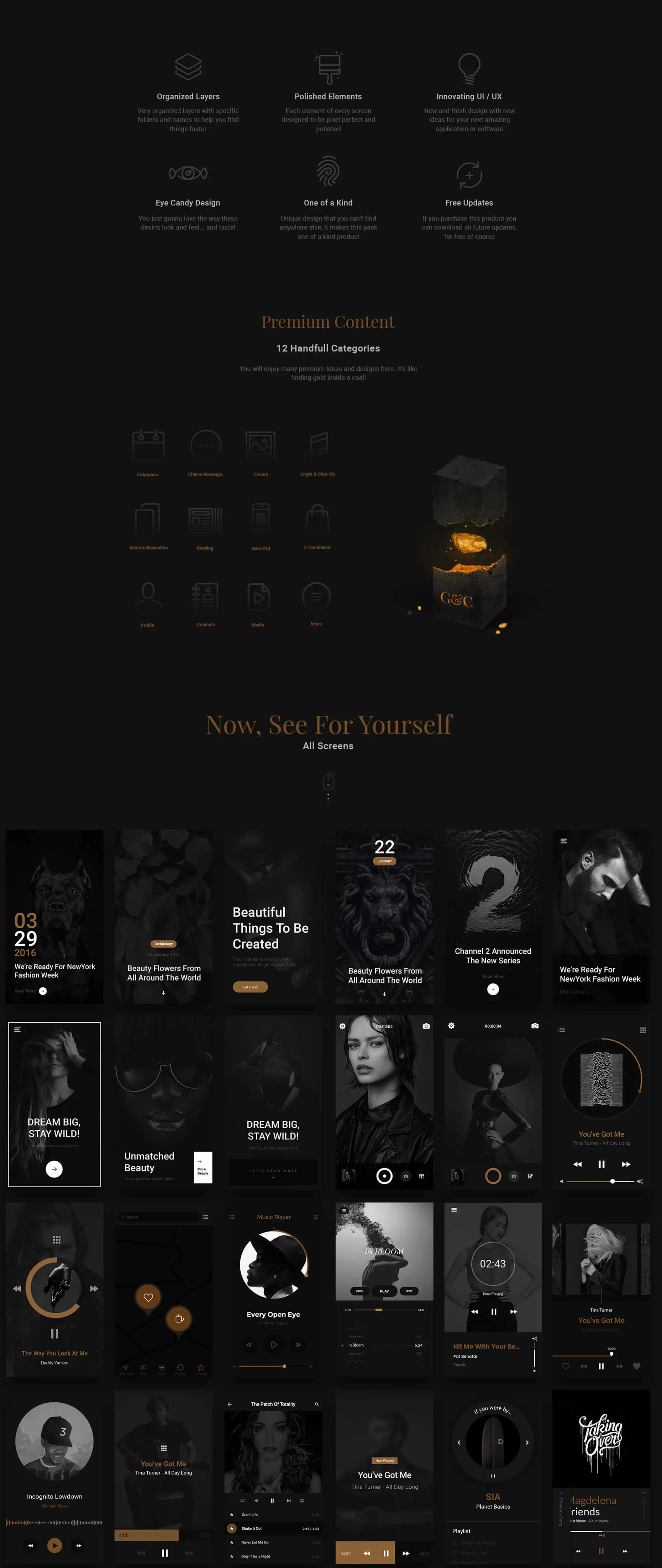 Gold & Coal iOS UI Kit欧美黑金时尚音乐APPUI设计元素组件规范图标素材库模版