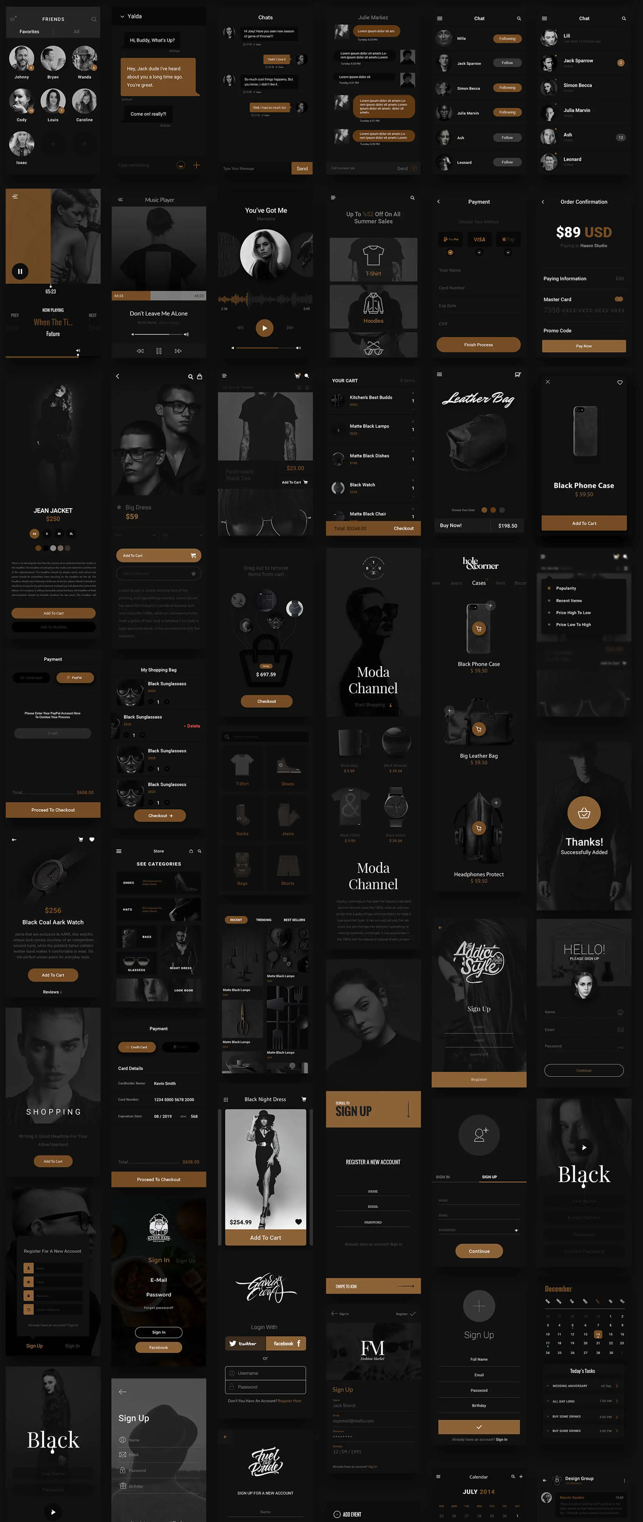 Gold & Coal iOS UI Kit欧美黑金时尚音乐APPUI设计元素组件规范图标素材库模版