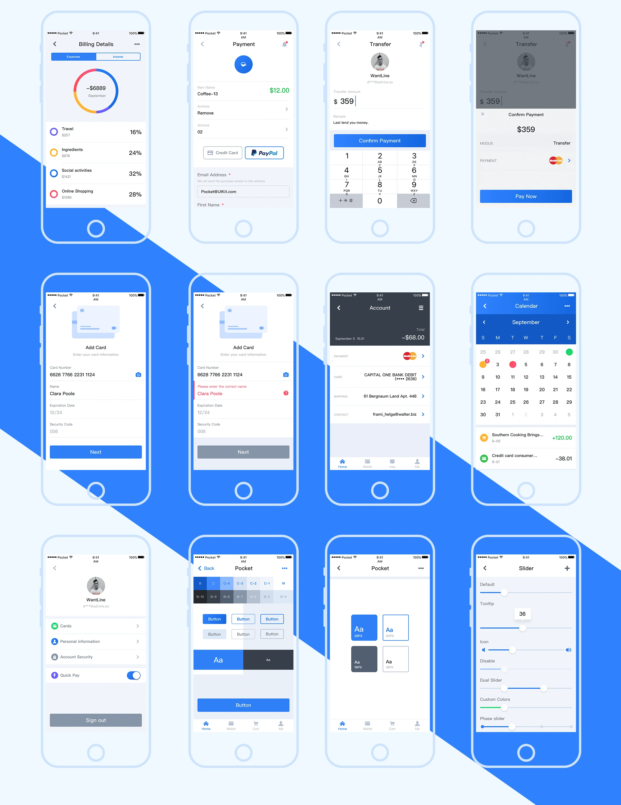 Pocket UI Kit金融科技财务数据监测APPUI设计元素组件规范图标素材库模版