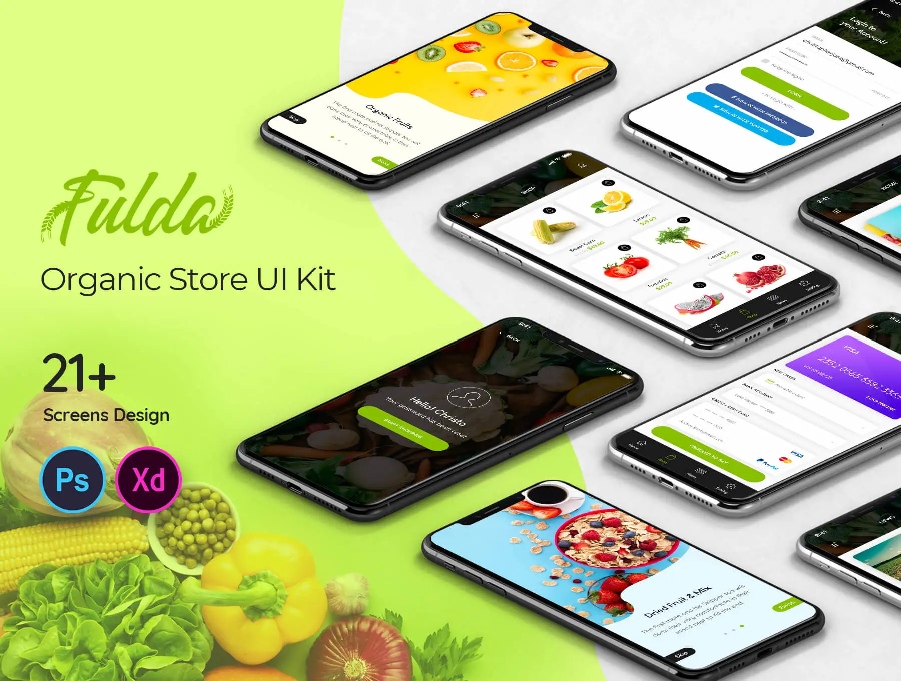 Fluda App Ui Kit水果蔬菜外卖订餐设计元素组件规范图标素材库模版