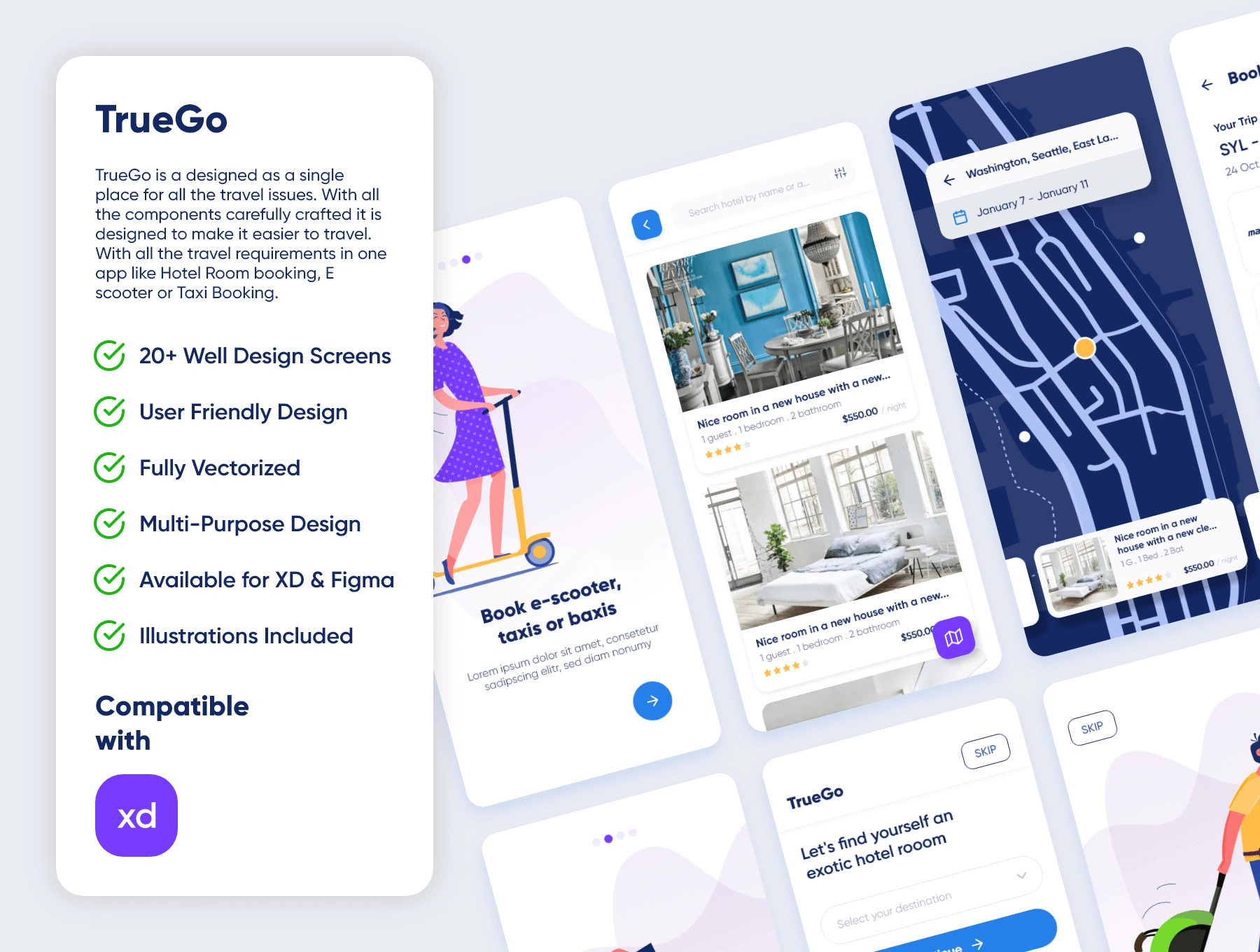TrueGo Travel App UI Kit旅游旅行酒店预订出租车预定APPUI设计元素组件规范图标素材库模版