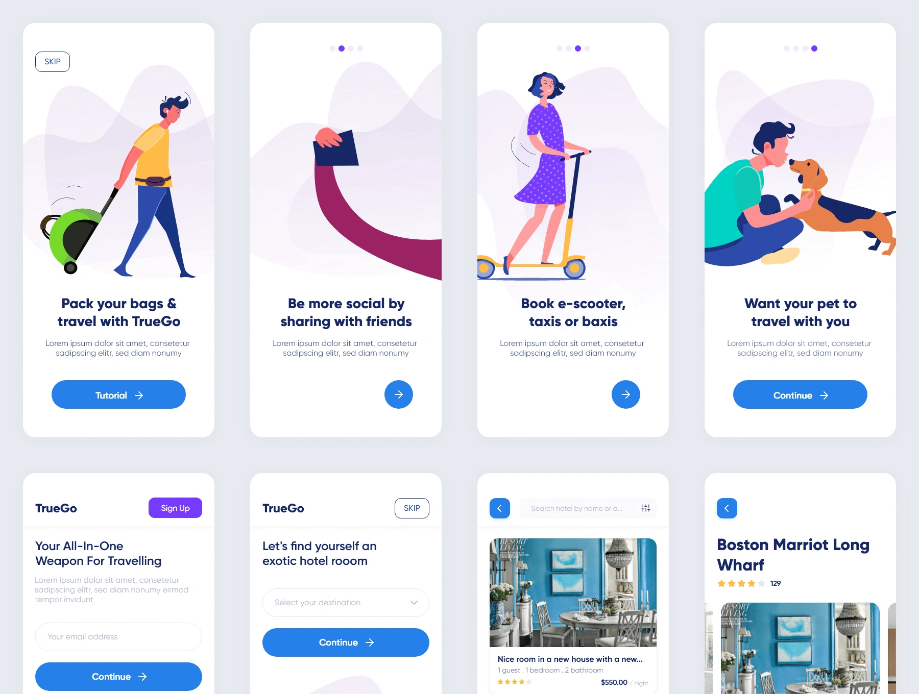 TrueGo Travel App UI Kit旅游旅行酒店预订出租车预定APPUI设计元素组件规范图标素材库模版