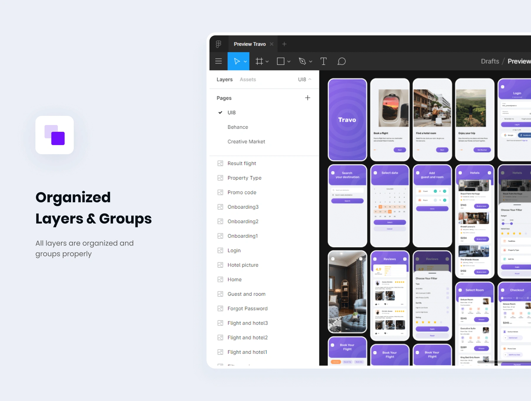 Travo Apps - UI KIT for Travel Flight and Hotel 旅行航旅游班机票酒店民宿预定APPUI设计元素组件规范图标素材库模版