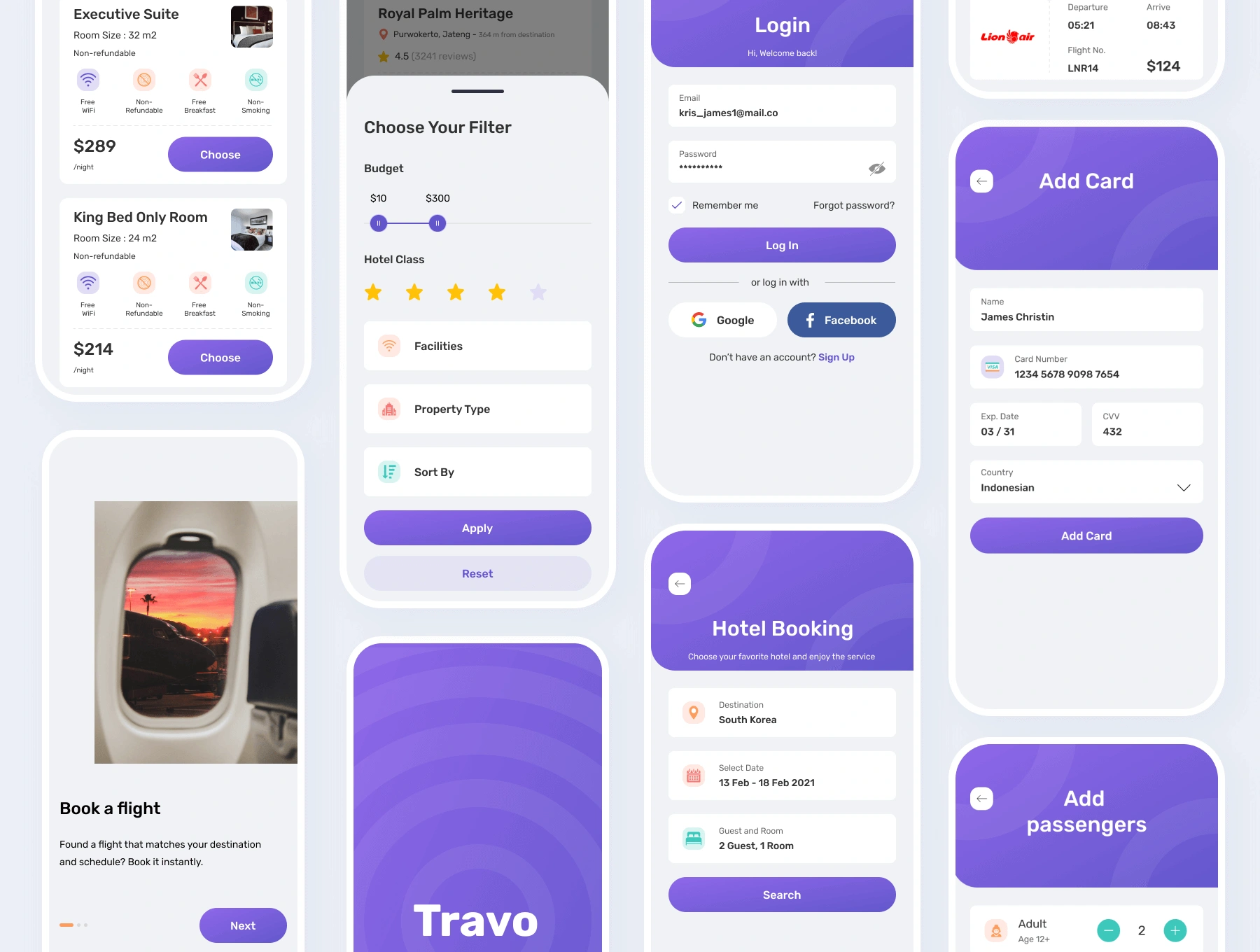 Travo Apps - UI KIT for Travel Flight and Hotel 旅行航旅游班机票酒店民宿预定APPUI设计元素组件规范图标素材库模版