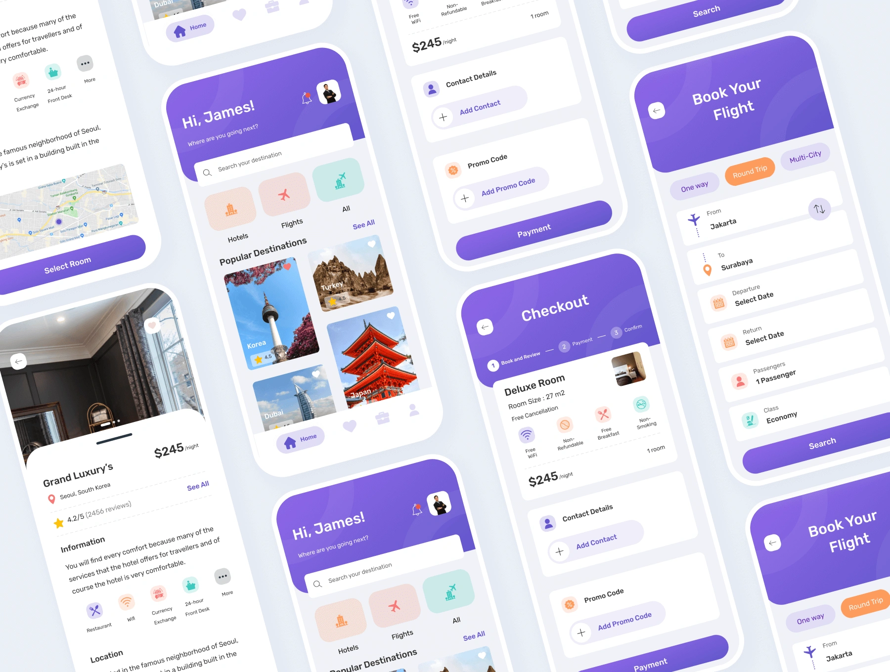Travo Apps - UI KIT for Travel Flight and Hotel 旅行航旅游班机票酒店民宿预定APPUI设计元素组件规范图标素材库模版