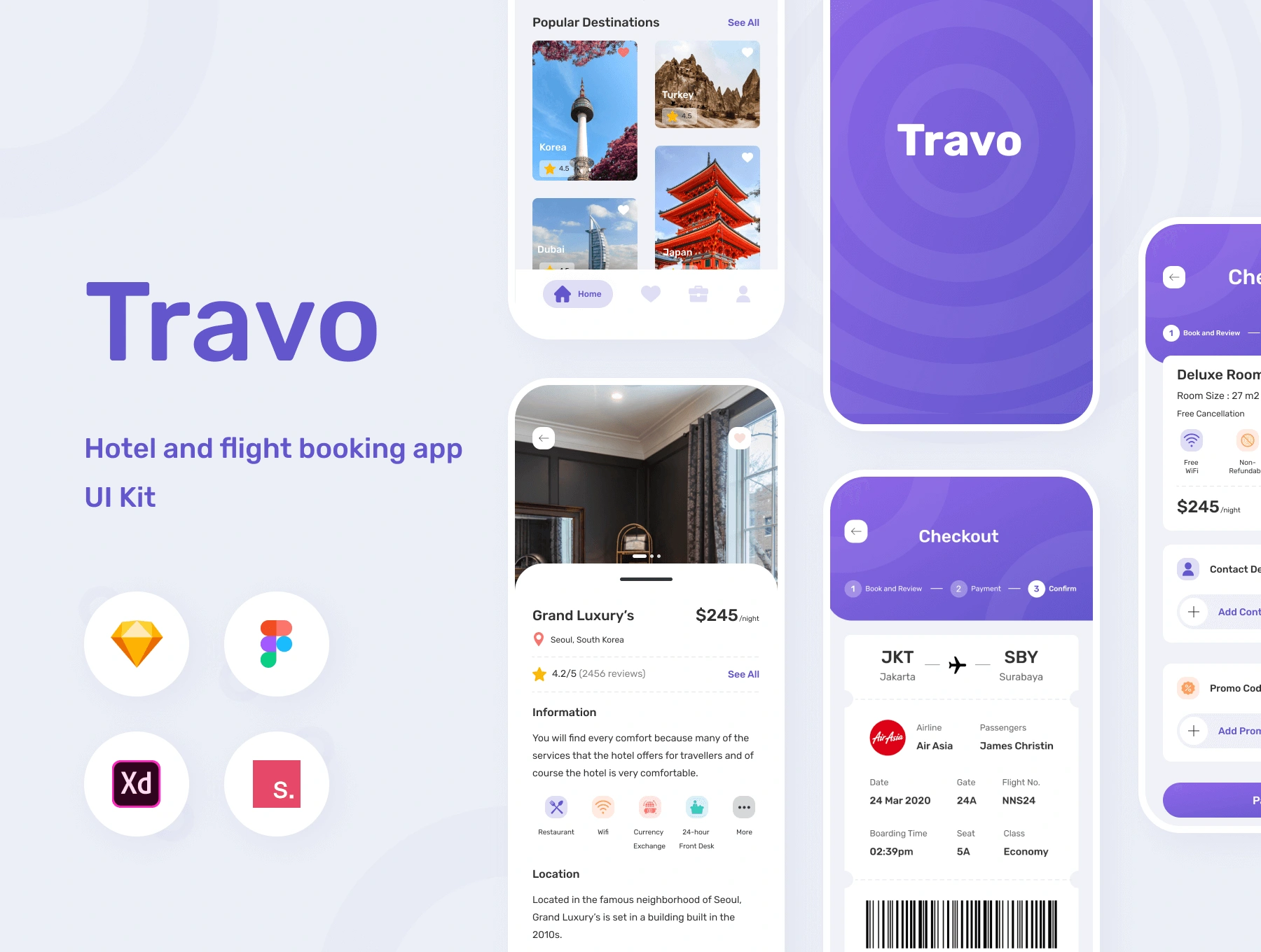 Travo Apps - UI KIT for Travel Flight and Hotel 旅行航旅游班机票酒店民宿预定APPUI设计元素组件规范图标素材库模版