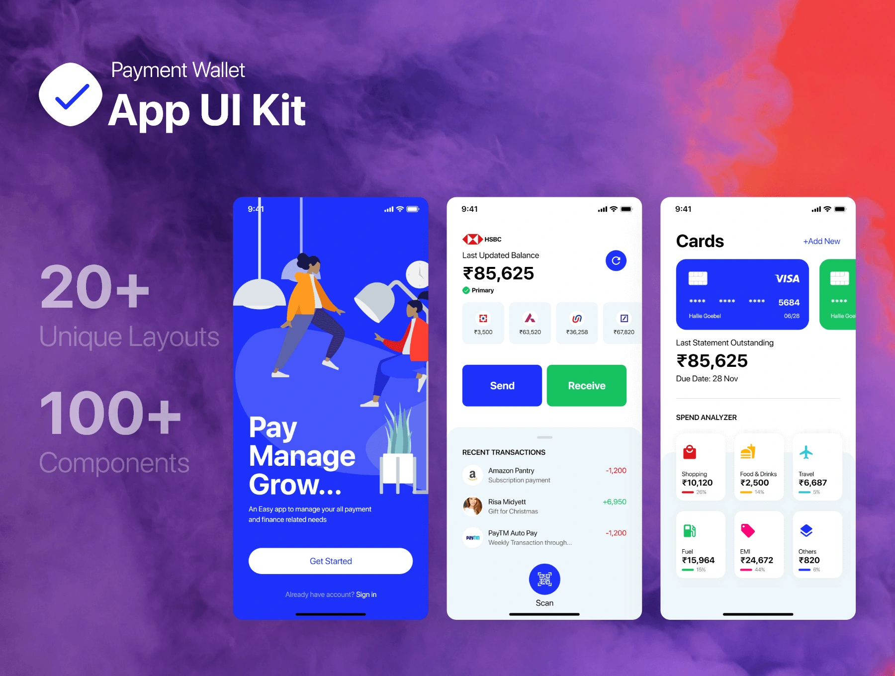Payment Wallet App UI Kit支付钱包账单收支财务统计数据监测APPUI设计元素组件规范图标素材库模版