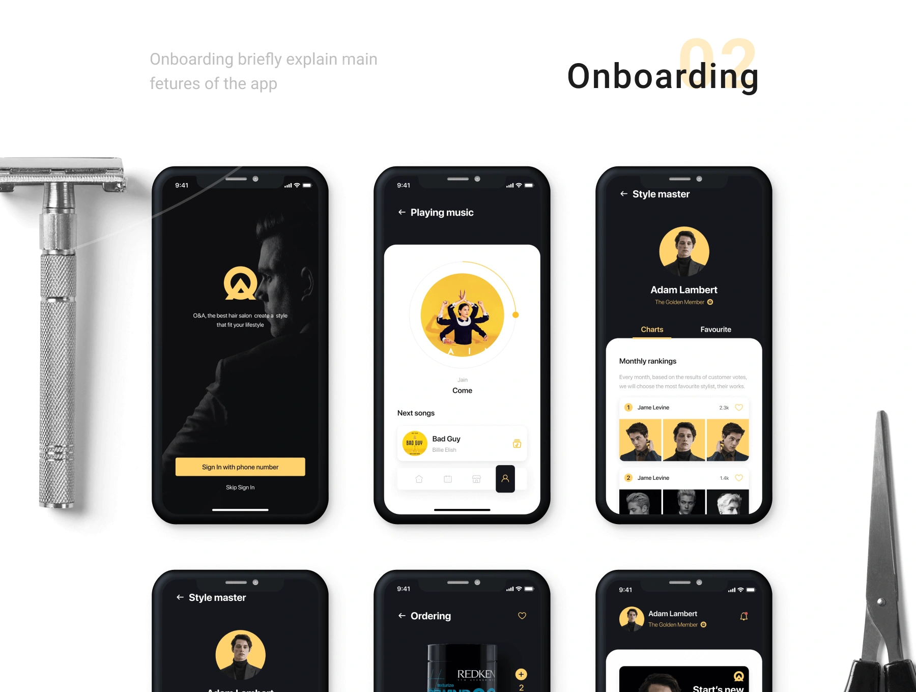 O&A - Haircut Booking UI 美发沙龙预订理发师服务定位APPUI设计元素组件规范图标素材库模版