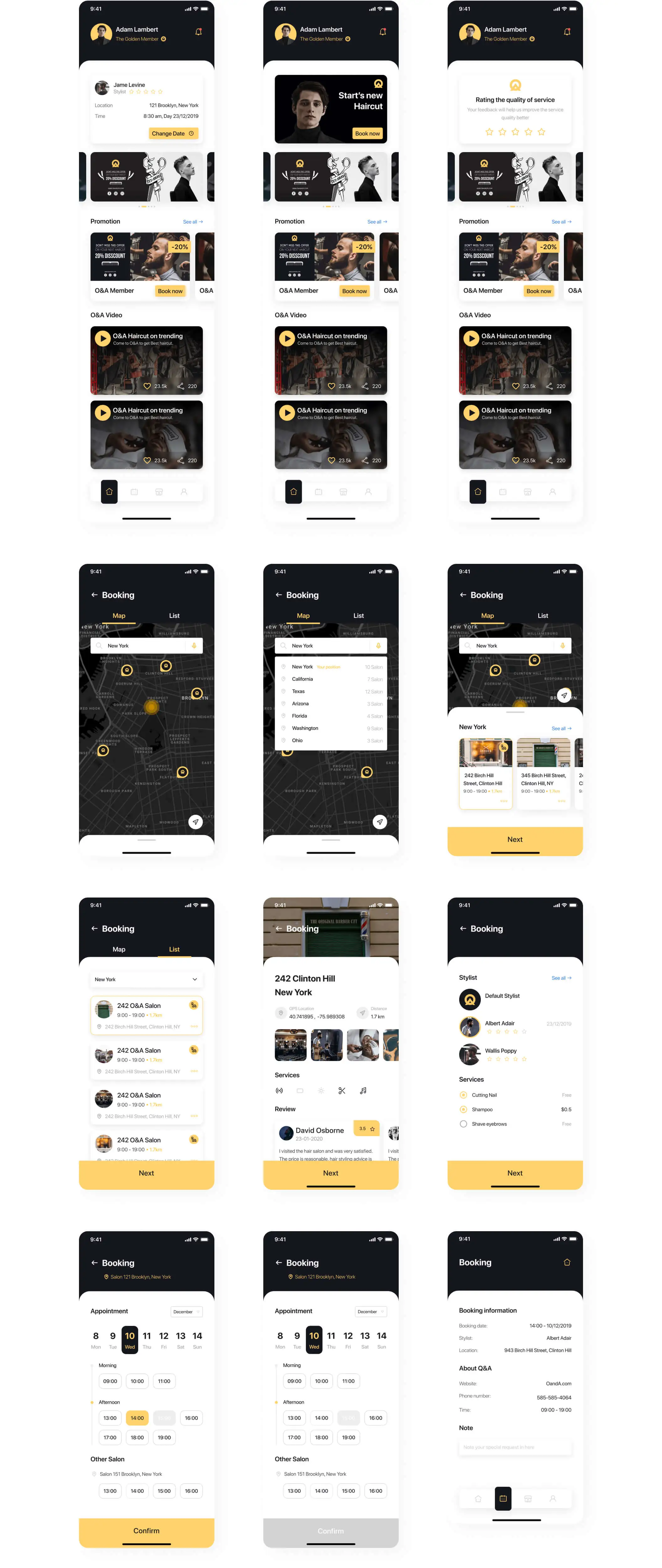 O&A - Haircut Booking UI 美发沙龙预订理发师服务定位APPUI设计元素组件规范图标素材库模版