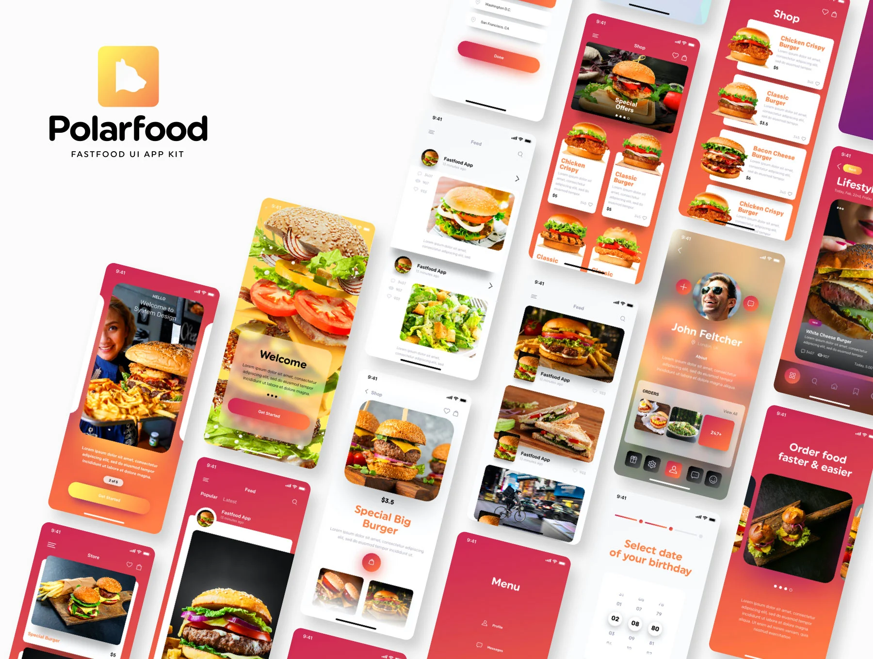 Polarfood - Fast-food app kit快餐汉堡食品配送外卖订餐美味菜谱美食APPUI设计元素组件规范图标素材库模版