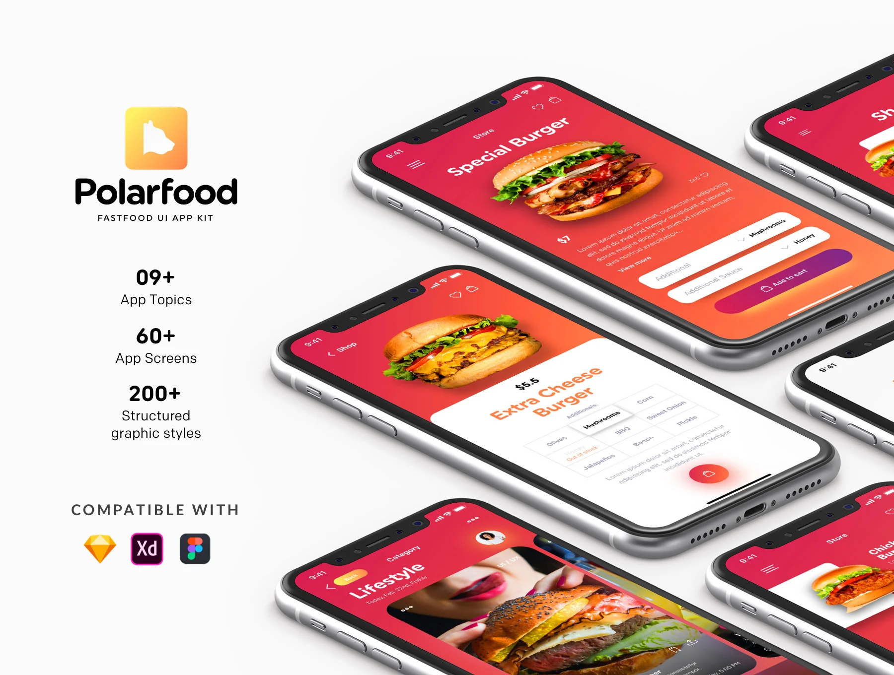 Polarfood - Fast-food app kit快餐汉堡食品配送外卖订餐美味菜谱美食APPUI设计元素组件规范图标素材库模版