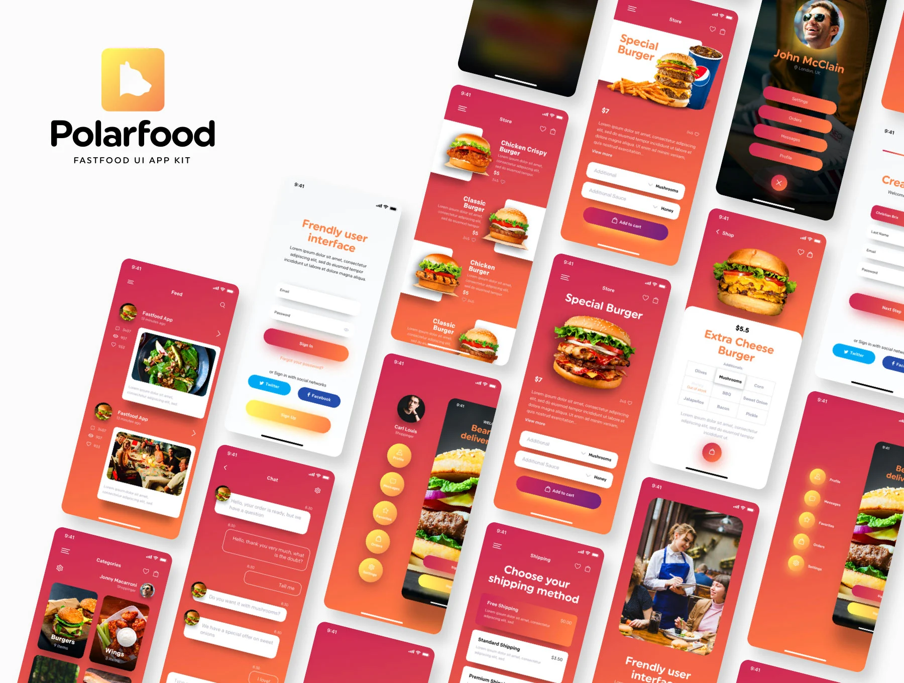 Polarfood - Fast-food app kit快餐汉堡食品配送外卖订餐美味菜谱美食APPUI设计元素组件规范图标素材库模版