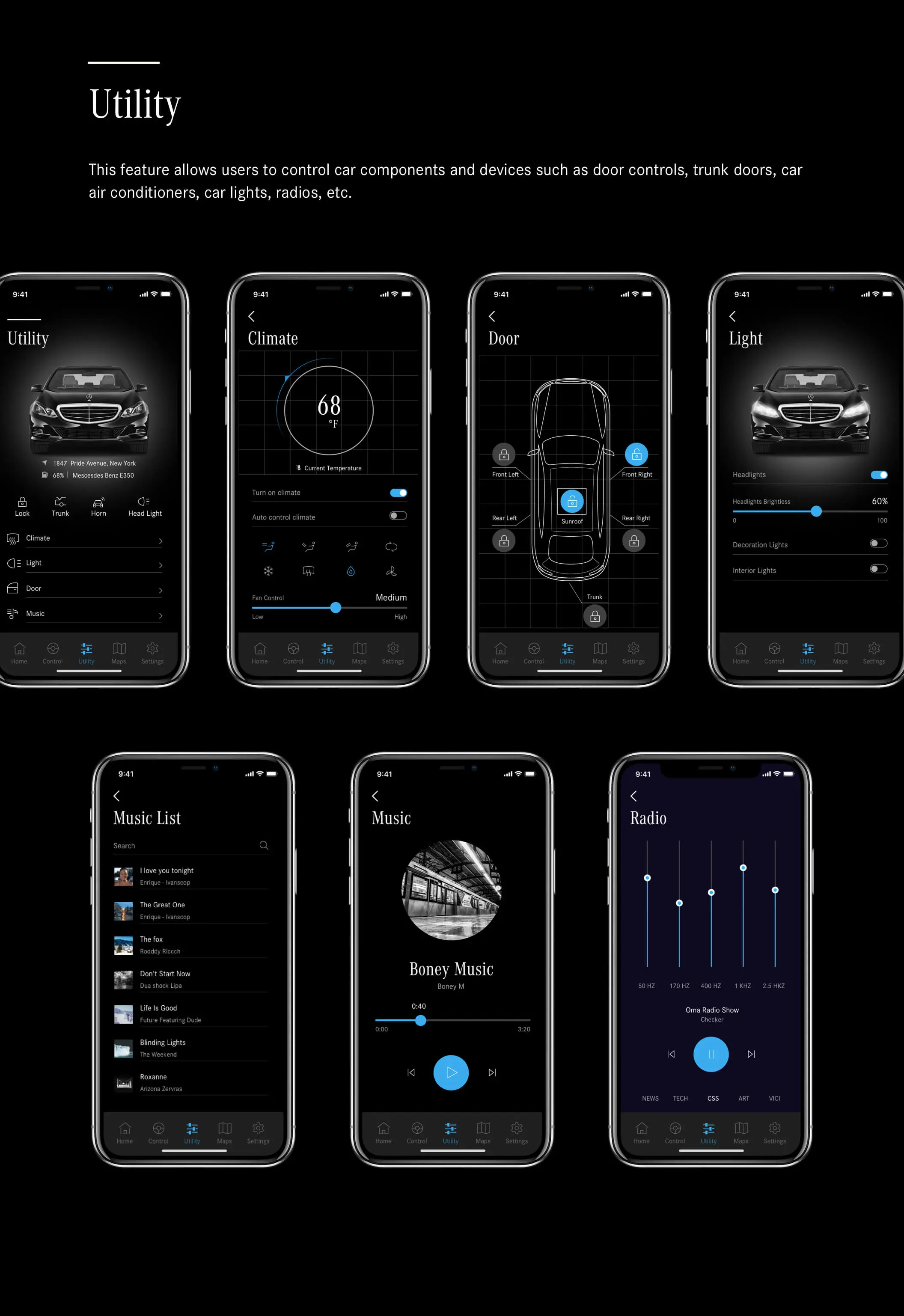 ——Mex Smart Car UI蓝黑智能汽车物联网自动驾驶300多个元素50多个界面APPUI设计元素组件规范图标素材库模版
