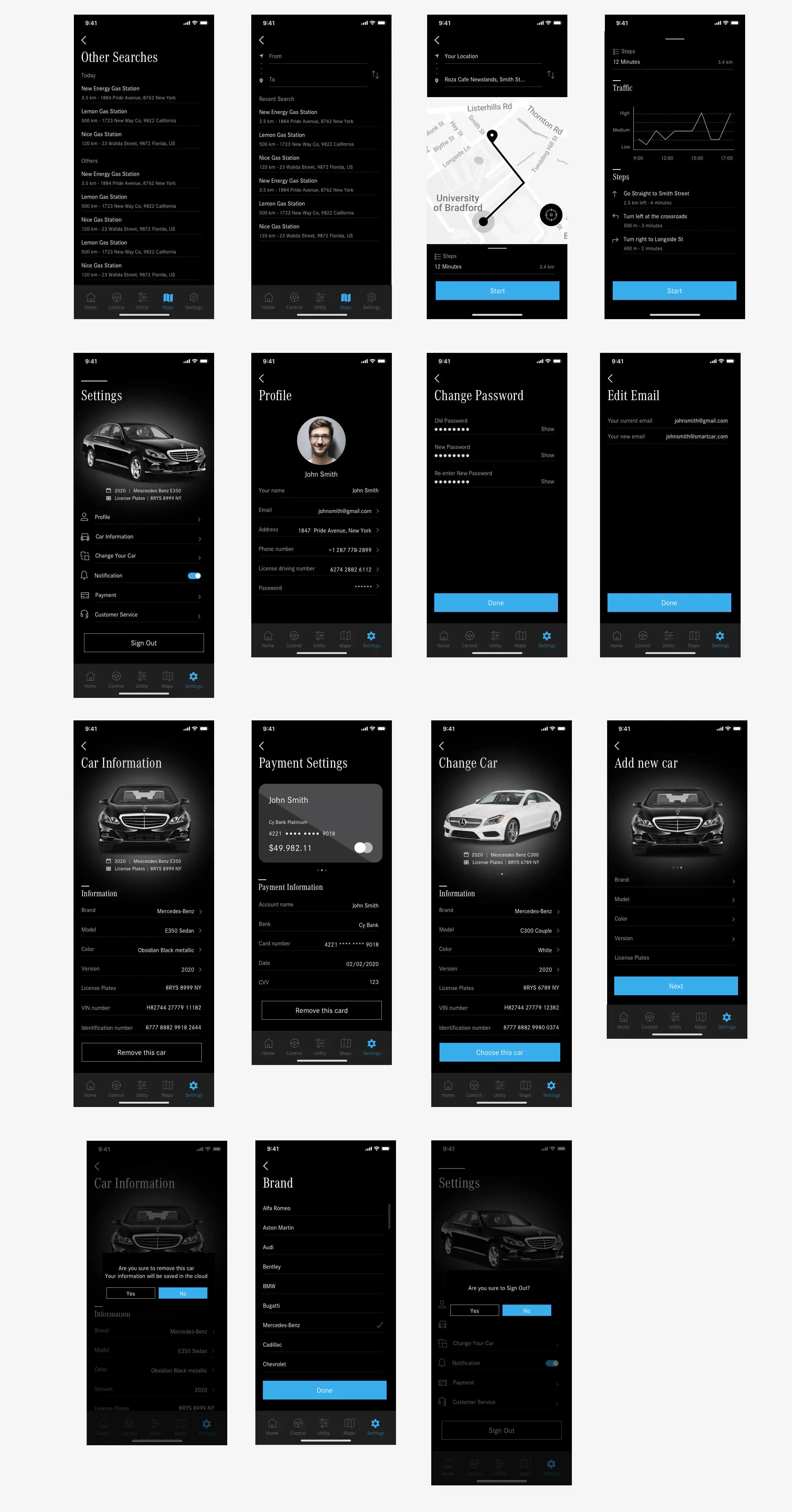 ——Mex Smart Car UI蓝黑智能汽车物联网自动驾驶300多个元素50多个界面APPUI设计元素组件规范图标素材库模版