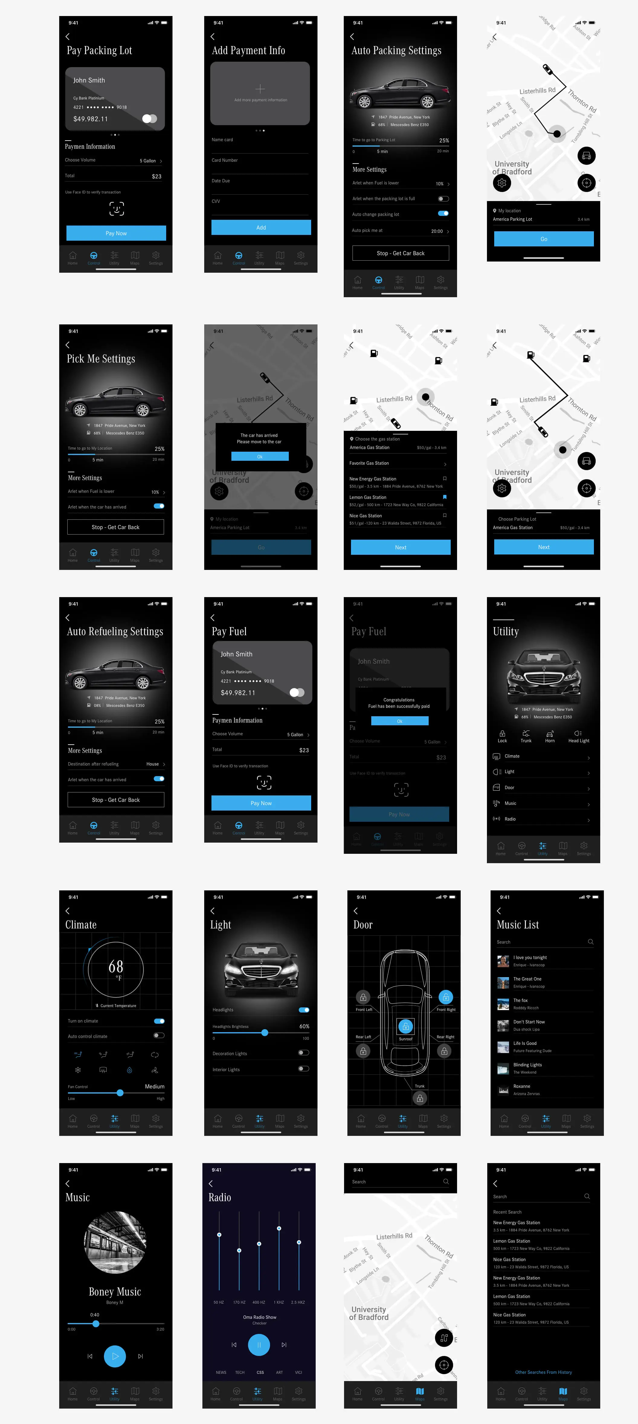 ——Mex Smart Car UI蓝黑智能汽车物联网自动驾驶300多个元素50多个界面APPUI设计元素组件规范图标素材库模版