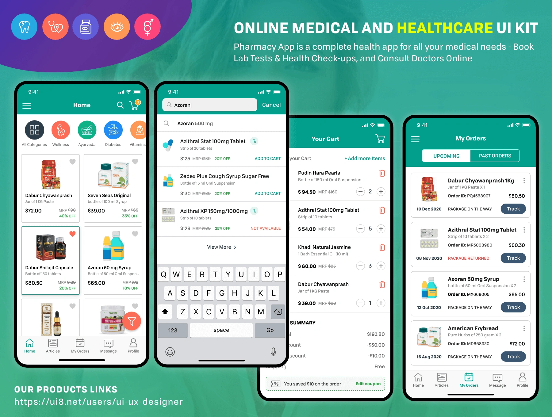 Medical Pharmacy UI 在线医疗药房健康社交药房保健服务APPUI设计元素组件规范图标素材库模版
