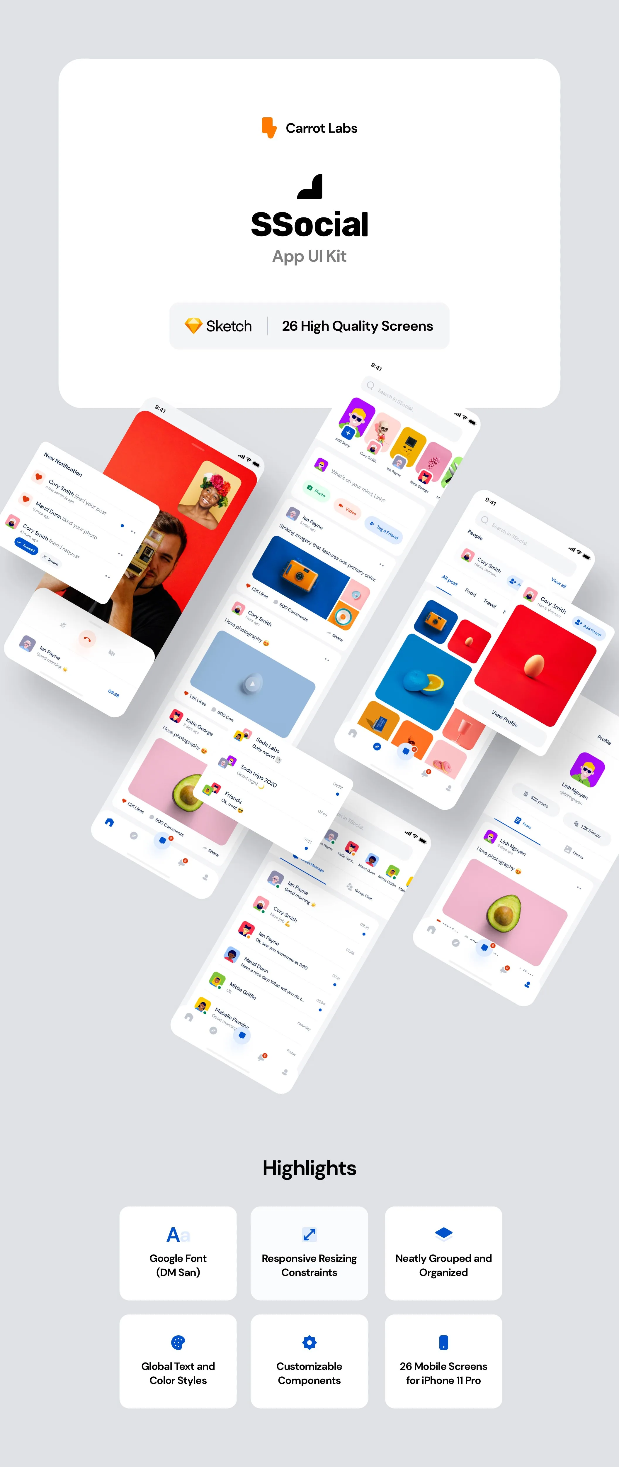 SSocial - App UI 社交网络平台聊天交友设计元素组件规范图标素材库模版