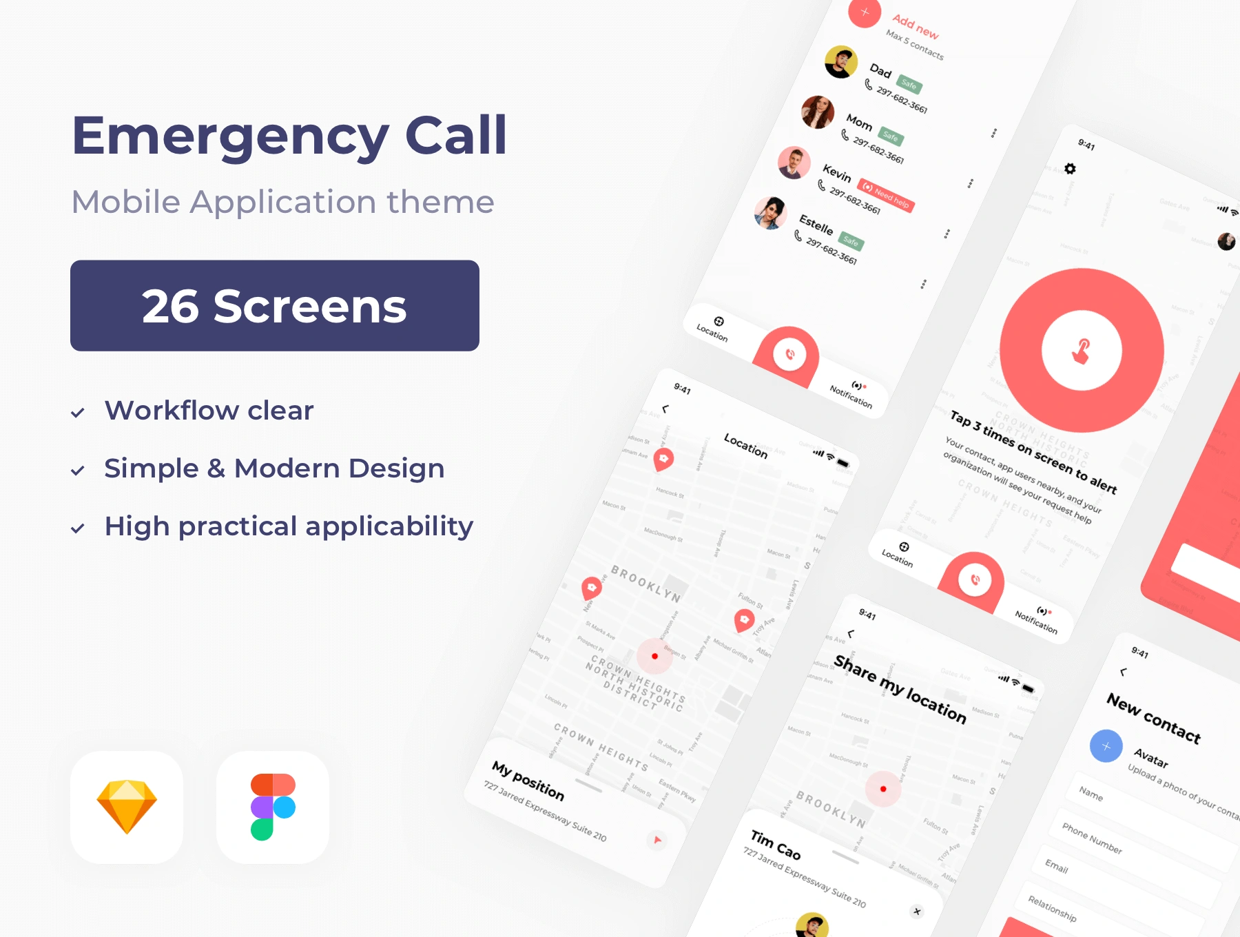 Emergency Call紧急呼叫社交应急GPS自动发短信APPUI设计元素组件规范图标素材库模版