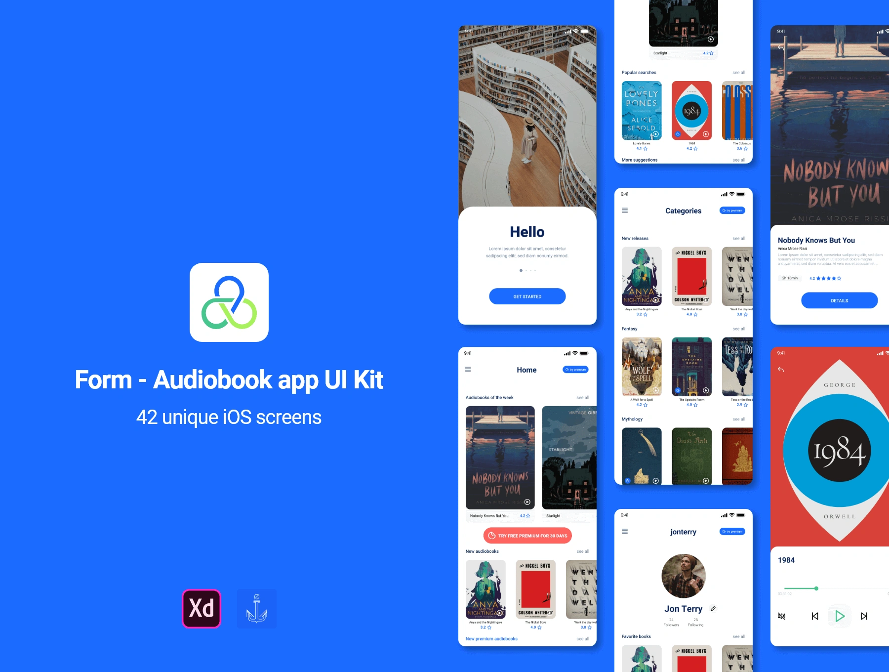 Form Audiobooks有声读物视听听书书店听课课程教育阅读APPUI设计元素组件规范图标素材库模版