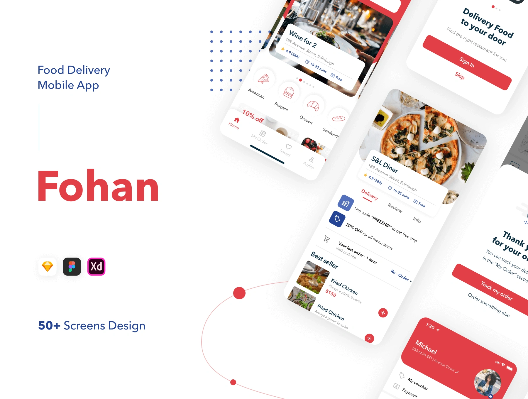 Fohan - Food Delivery Mobile App食品配送外卖订餐订货送货美味菜谱美食APPUI设计元素组件规范图标素材库模版
