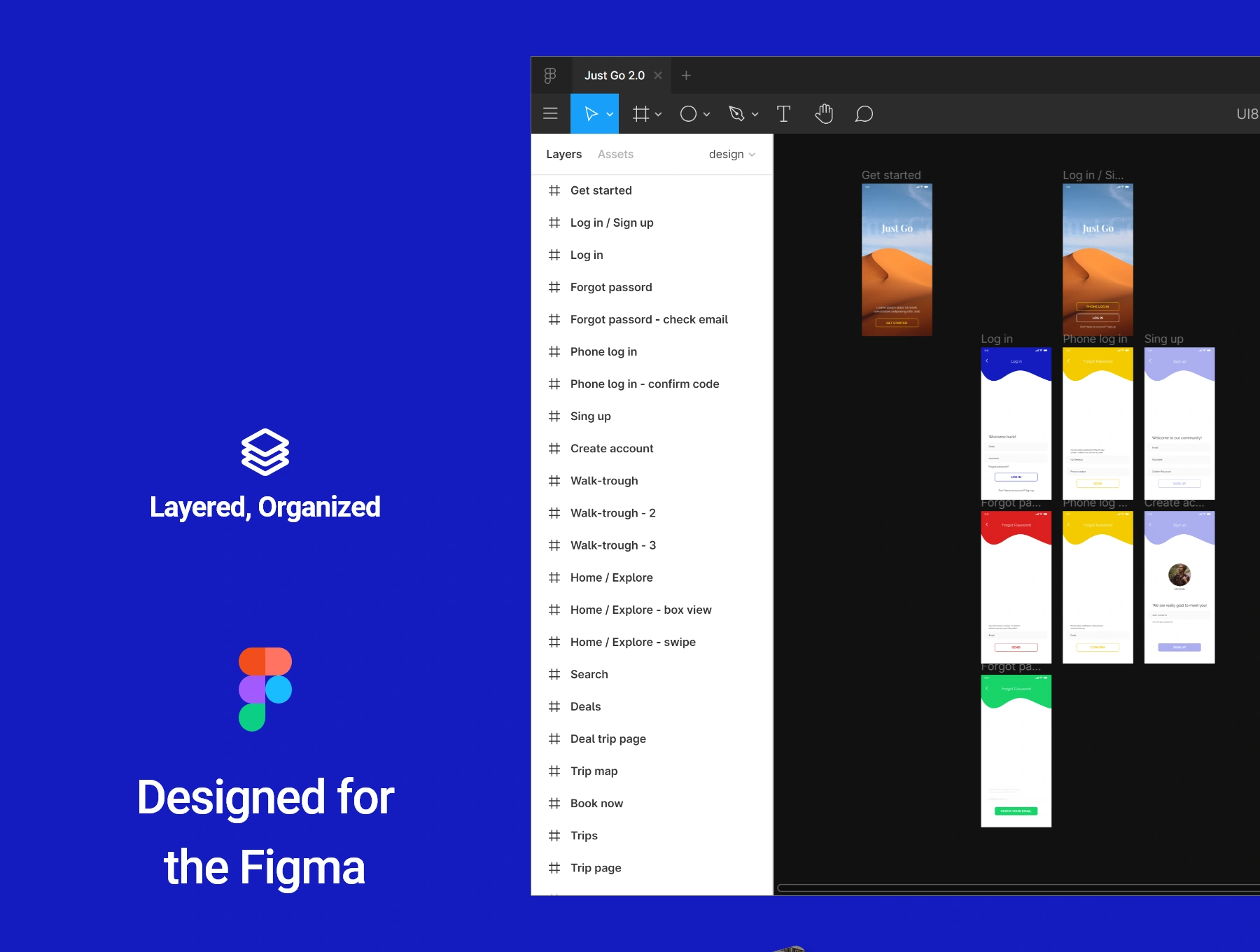 Just Go 2.0 travel app - Figma蓝色旅游旅行度假娱乐休闲APPUI设计元素组件规范图标素材库模版
