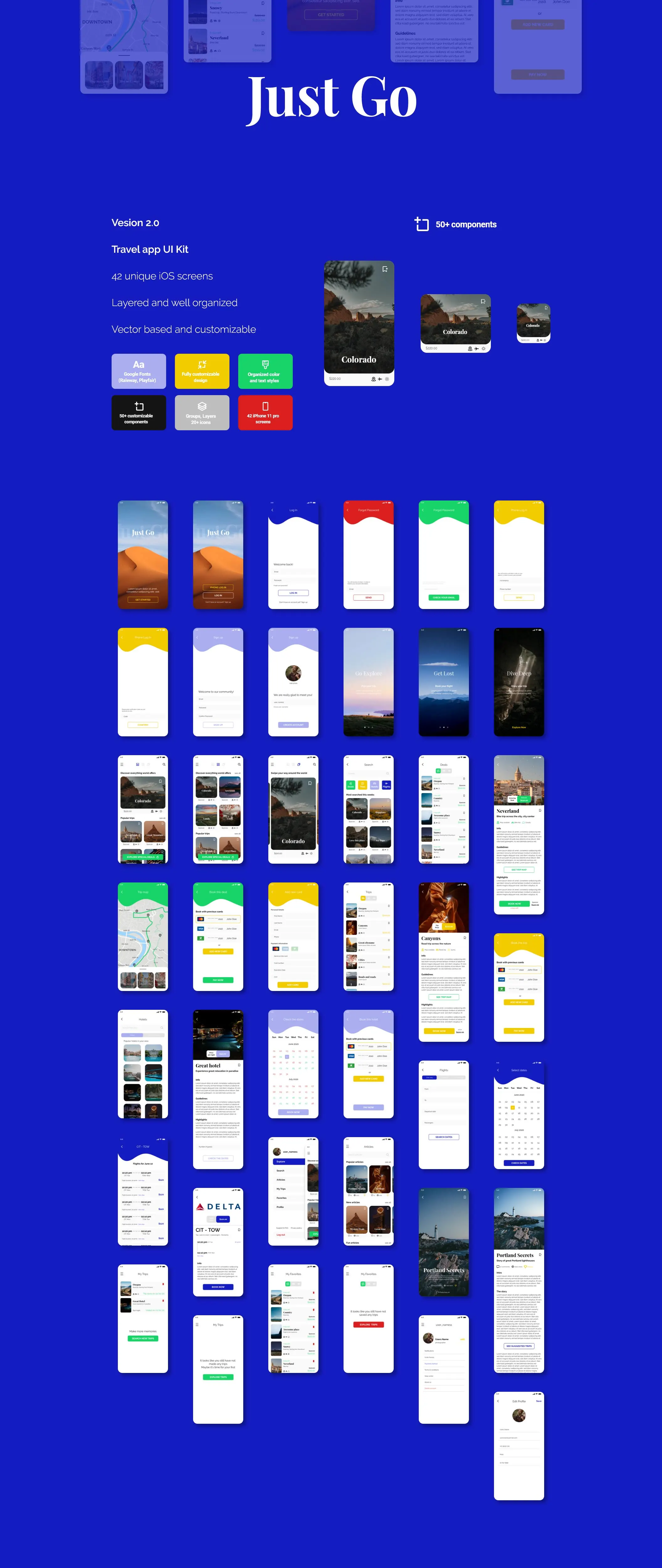 Just Go 2.0 travel app - Figma蓝色旅游旅行度假娱乐休闲APPUI设计元素组件规范图标素材库模版