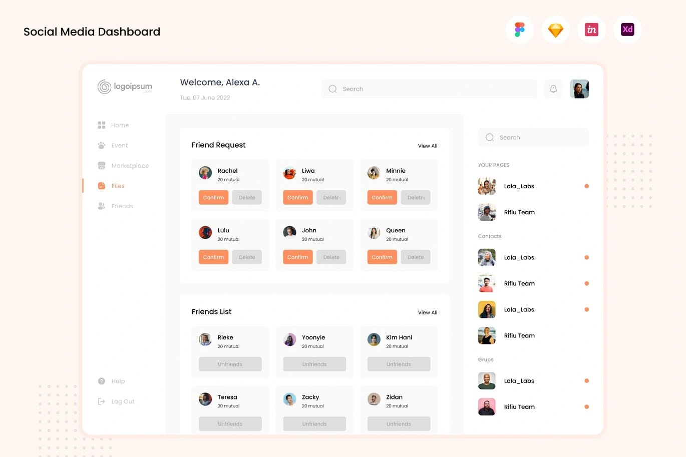社交媒体后台数据仪表盘UI设计模板v8 Social Media Dashboard